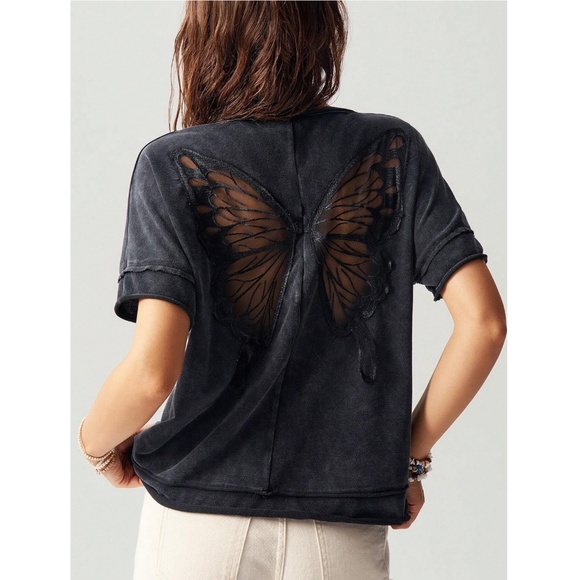 Black Butterfly Mesh Sheer Back Insert Tee Shirt - Picture 7 of 9